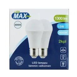 LED Max E27 15W 1300lm 4000K 2kpl Led Vakiolamppu -Sisustusvalo Kauppa 6418536005675 2