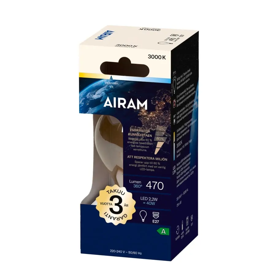 Airam A E27 2,2W 3000K 470lm Kirkas Led Vakiolamppu 4 Airam A E27 2,2W 3000K 470lm Kirkas Led Vakiolamppu - Image 2